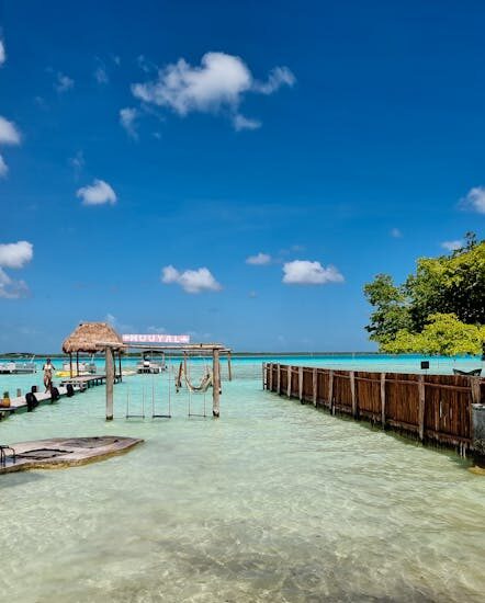 Clear turquoise waters of Bacalar Lagoon with a wooden pier and swings under a bright sky.