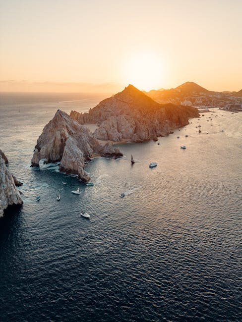 Stunning aerial view of sunrise at Land's End, Cabo San Lucas, México.